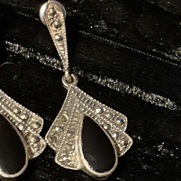 Stunning Vintage ROMA Art Deco Sterling .925 Onyx Marcasite Dangle Earrings - Picture 3 of 5